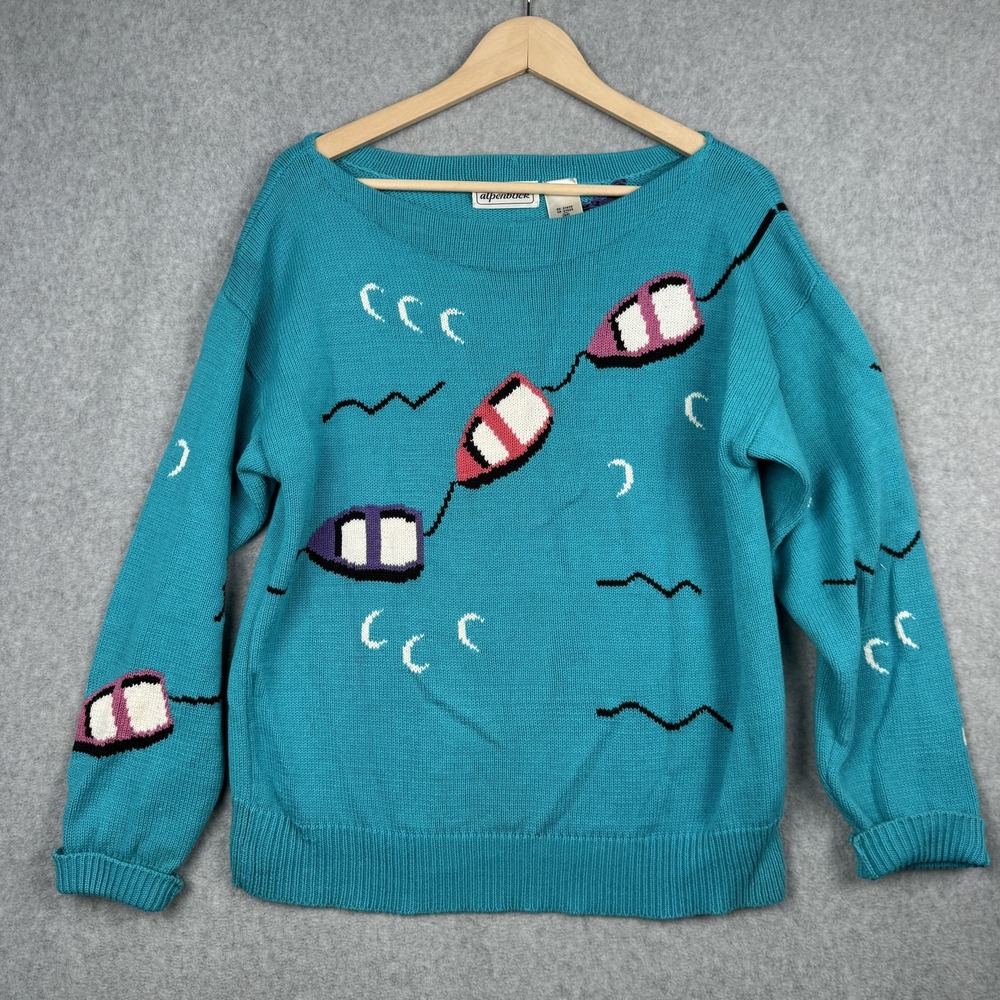 Alpenblick Sweater Womens 40 Turquoise Vintage Novelty Gondola Cable Car Cotton